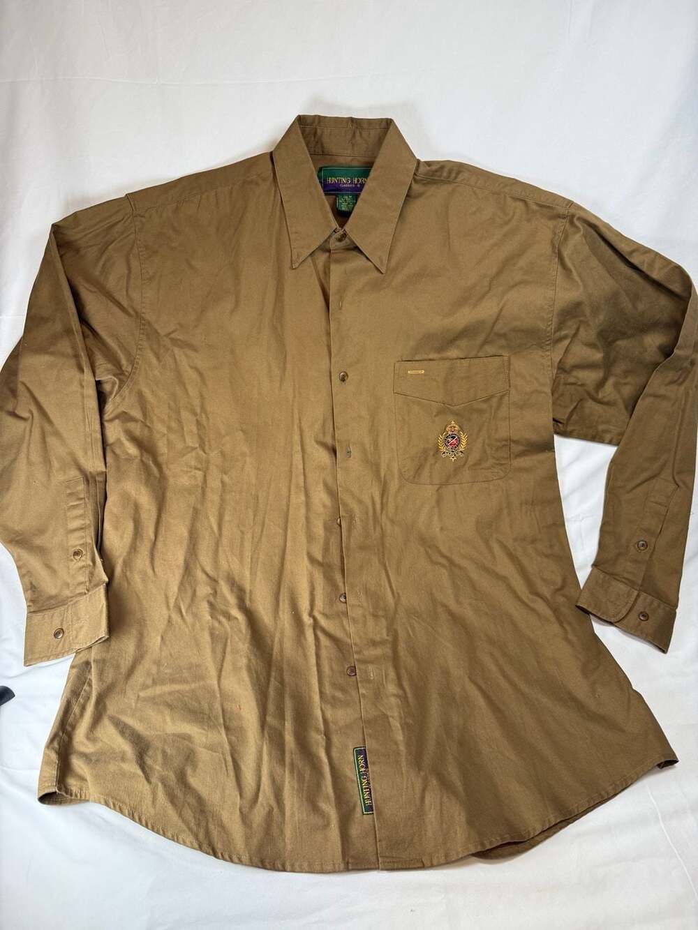 Hunting Horn Classics Men's Long Sleeve Button-Down Shirt Brown with Chest Embro